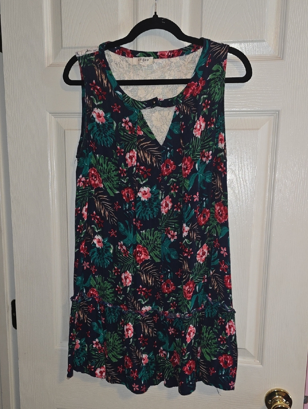 Umgee Navy Floral Lace Trim‎ Sleeveless Dress